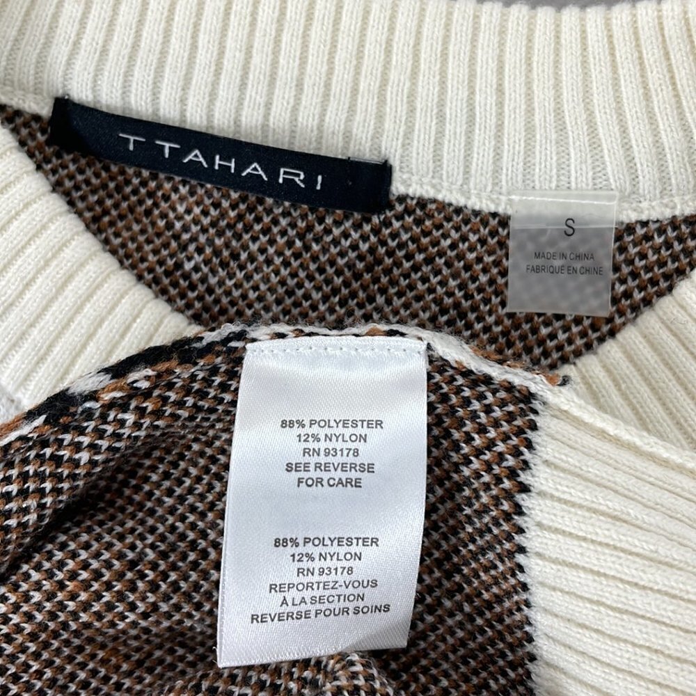 T Tahari Sweater Pullover Cheetah Print Crew Neck Brown Cream Size Small S - Picture 10 of 14